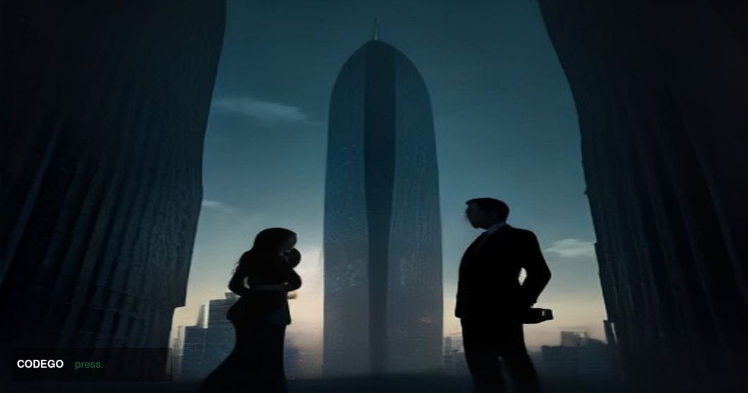 A cinematic editorial photograph set inside a modern financial technology operations center, shot from a low angle looking up