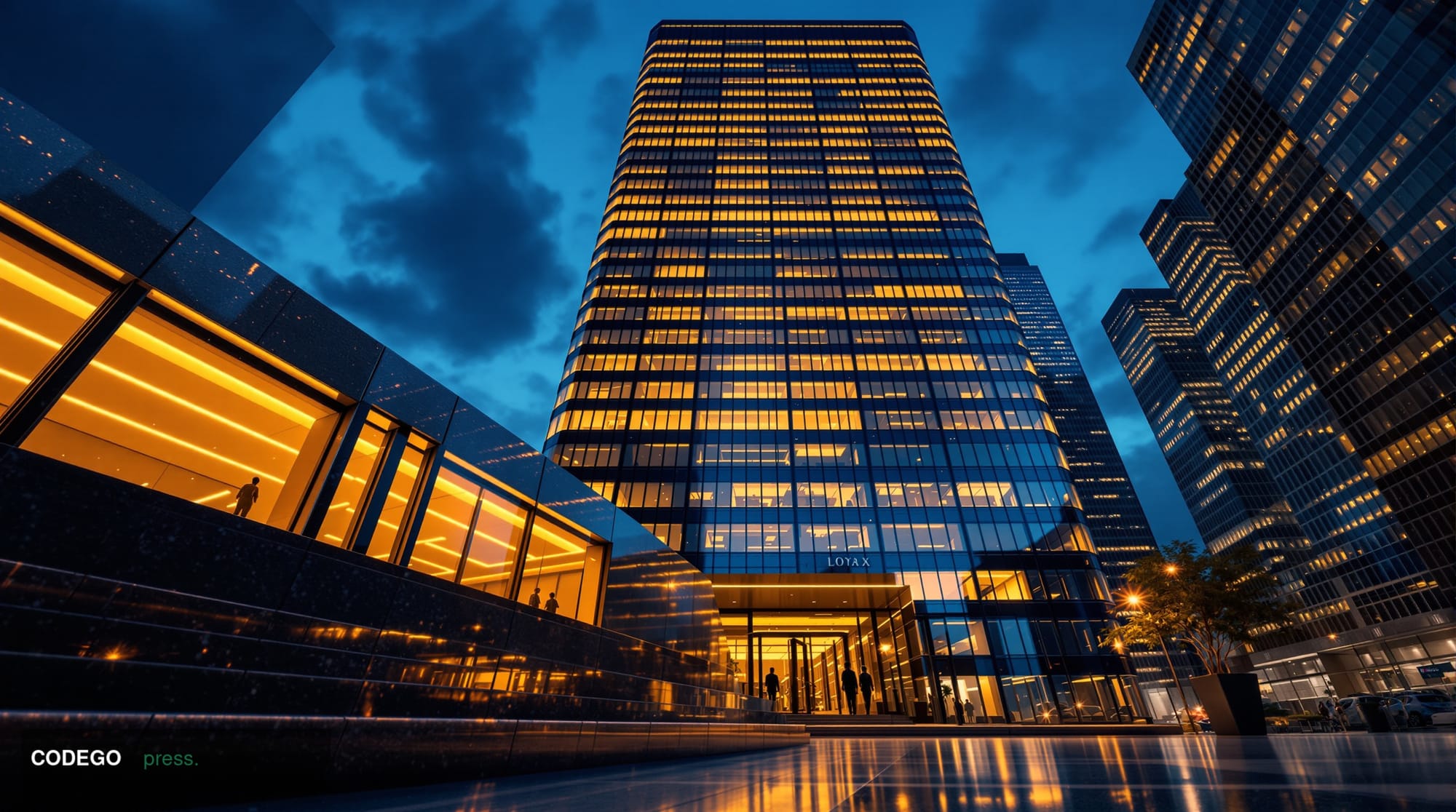 A cinematic photorealistic editorial photograph shot at eye level from a low angle looking upward at a gleaming glass-and-ste