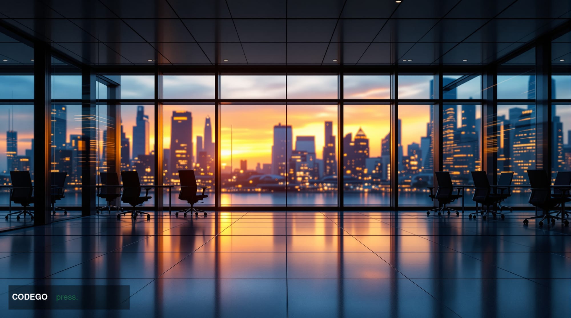A dramatic wide-angle shot of a sleek glass-and-steel financial technology office building at dusk, located in a recognizable