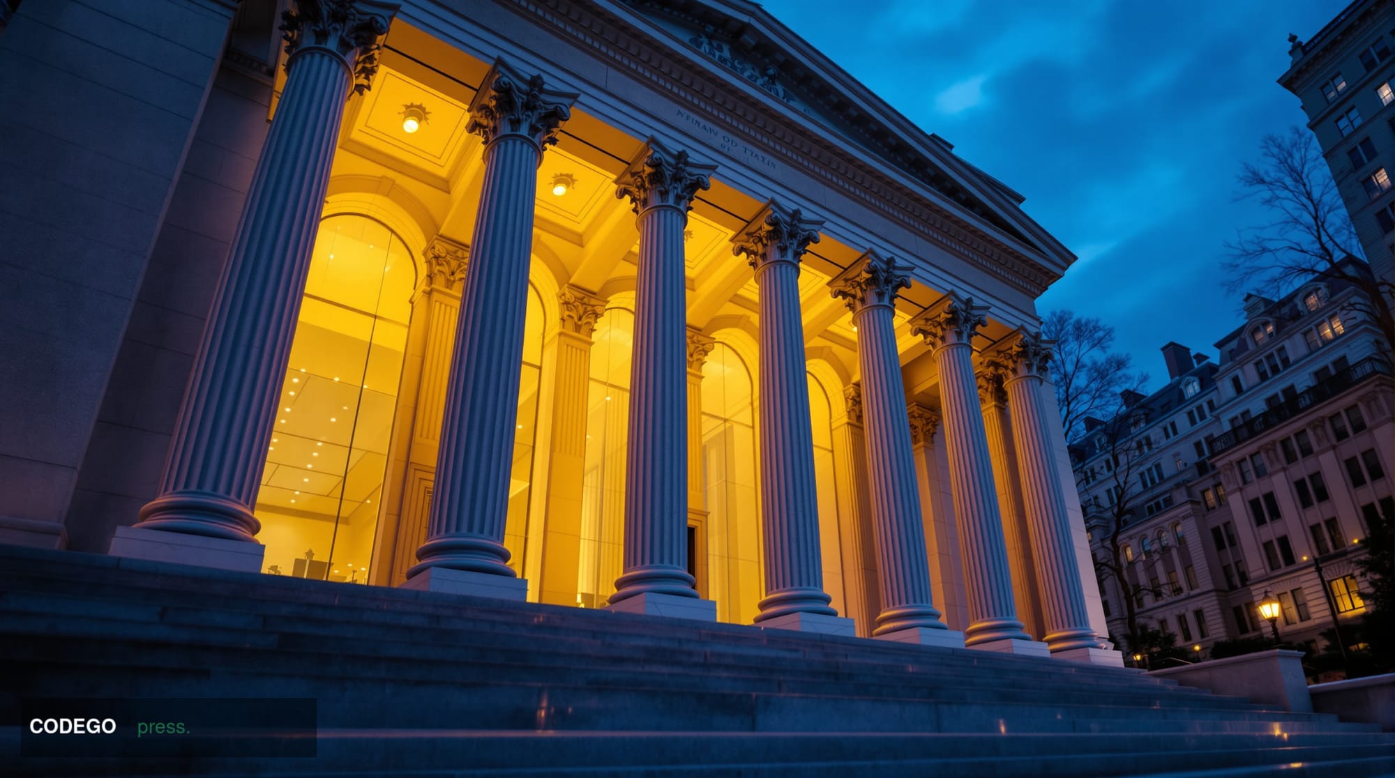 A cinematic editorial photograph of a grand neoclassical financial regulatory building in Washington D.C., bathed in cool blu