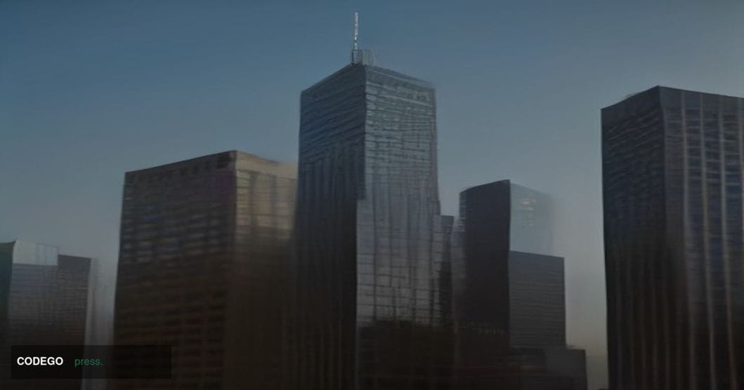 A cinematic editorial photograph set in a modern Los Angeles financial district at dusk, with warm amber sunset light casting