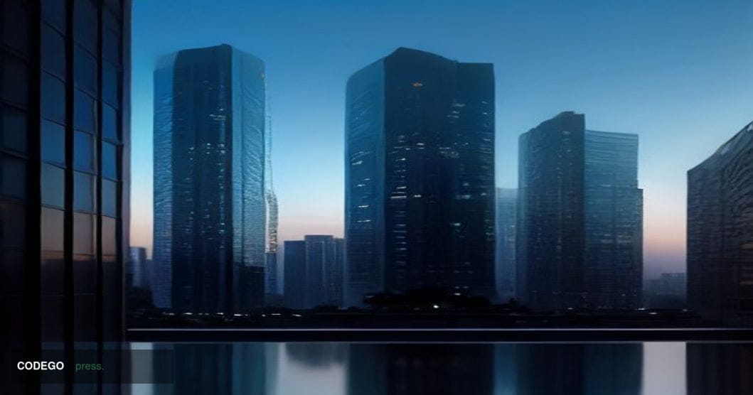 A cinematic editorial photograph capturing a sleek, glass-and-steel financial technology headquarters building at dusk, set a