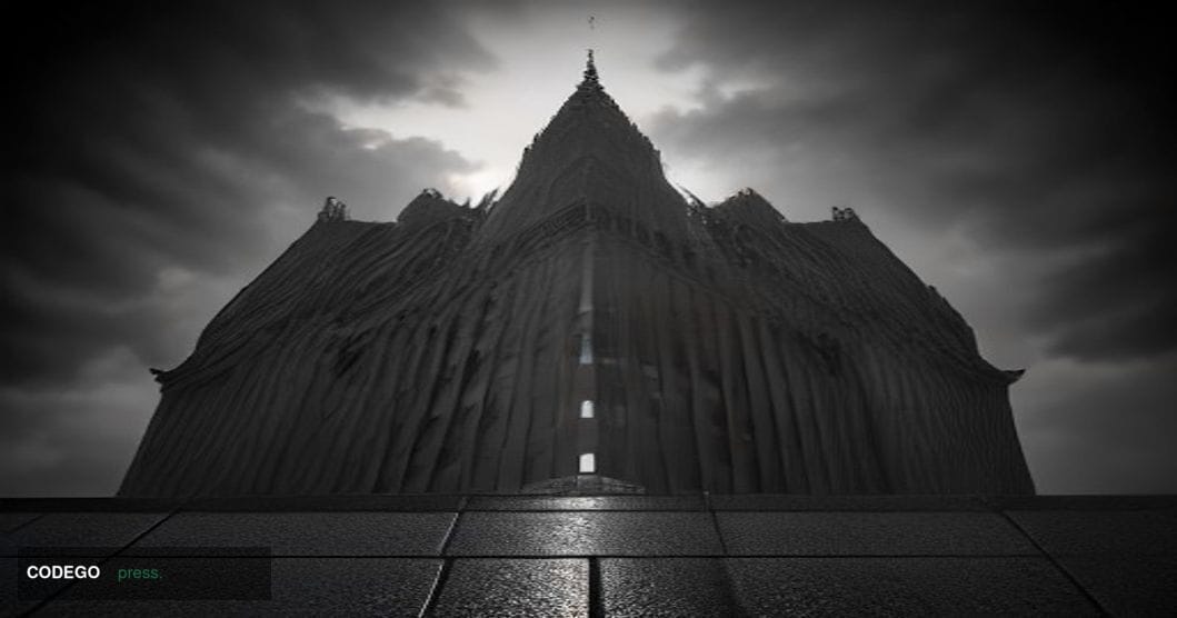 A cinematic editorial photograph taken at ground level looking upward at the imposing glass and steel exterior of a central L
