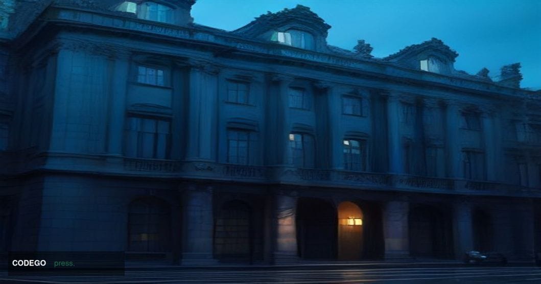A dramatic editorial photograph of the exterior of a formal British financial regulatory authority building in London's City 