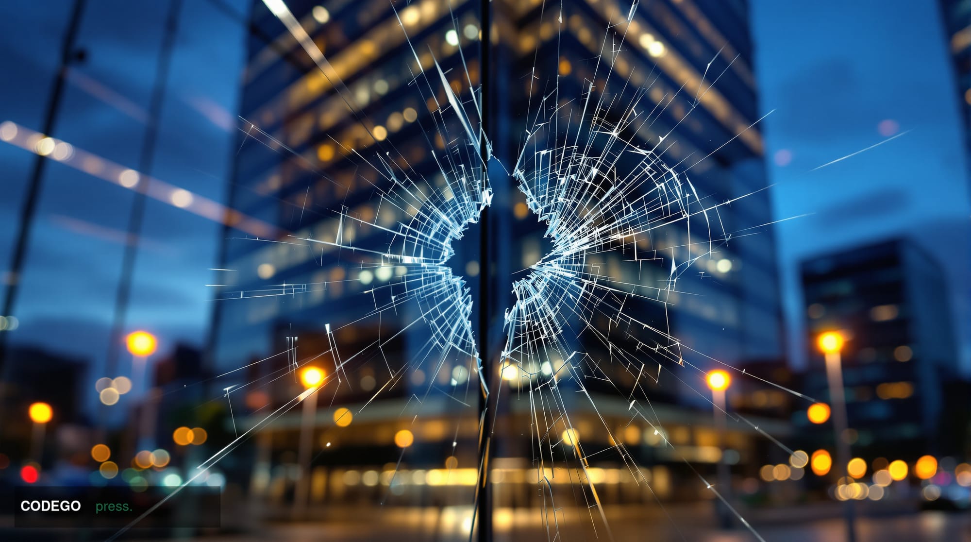 A dramatic close-up editorial photograph of a cracked digital mirror effect rendered in physical glass, splitting into two ne