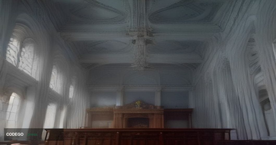 A cinematic editorial photograph taken inside a grand, neoclassical British financial regulatory institution, viewed from a l