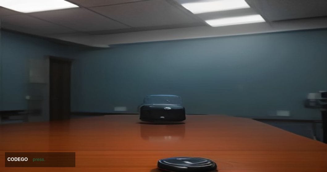 A cinematic editorial photograph taken from a low-angle perspective inside a sterile U.S. government regulatory office enviro
