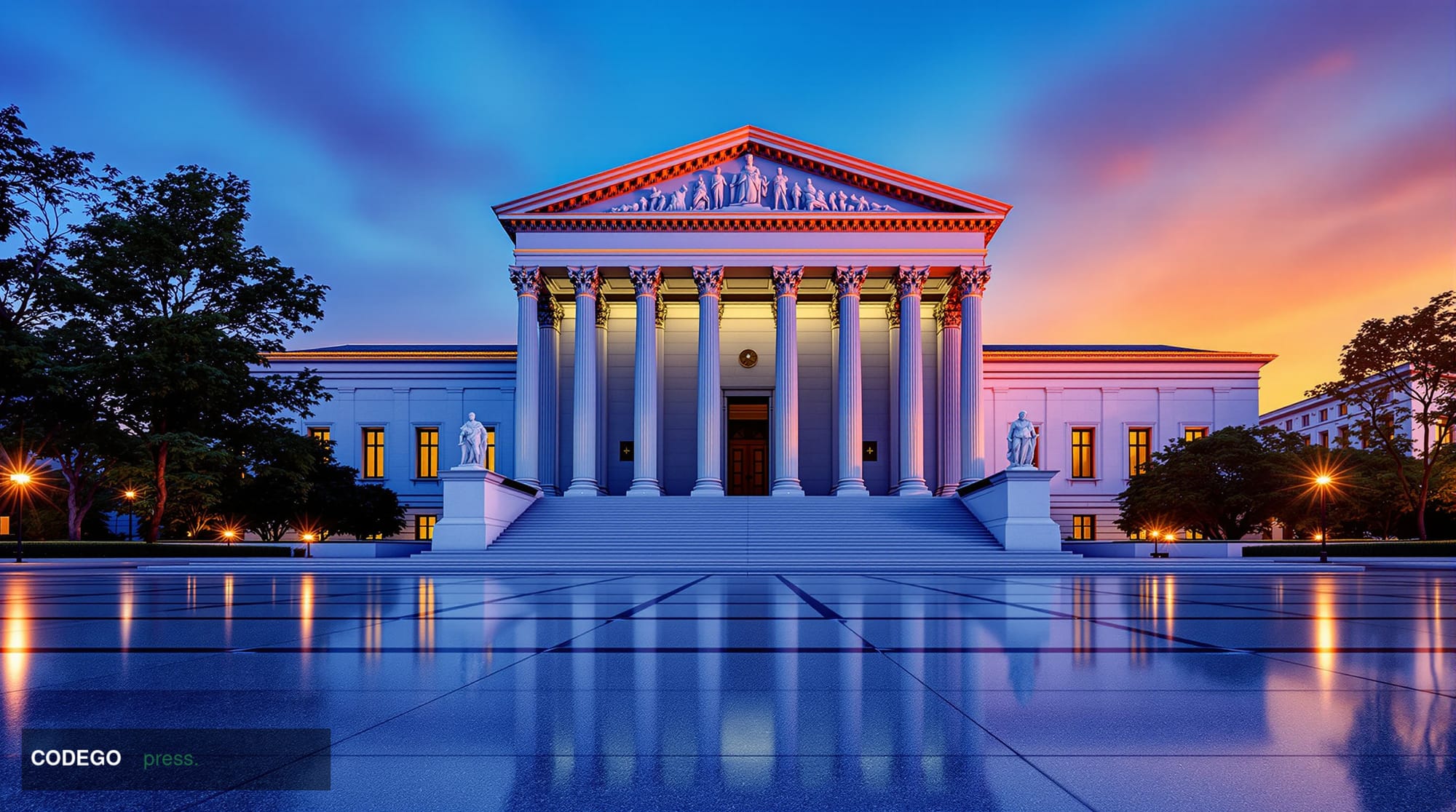 A wide-angle cinematic exterior shot of a neoclassical American federal regulatory building at dawn, its grand stone columns 
