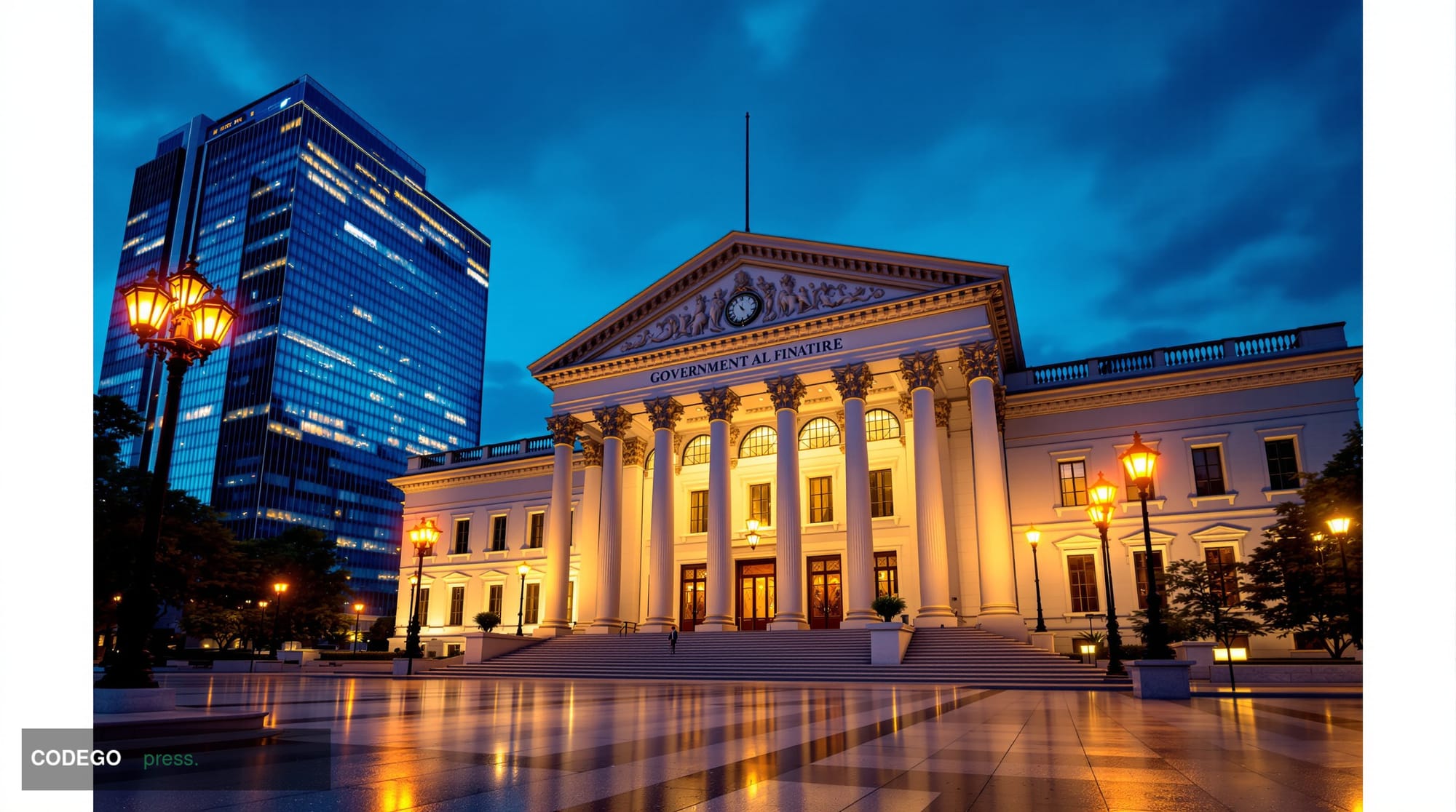 A grand neoclassical government financial institution building photographed at twilight from a low-angle perspective, its whi