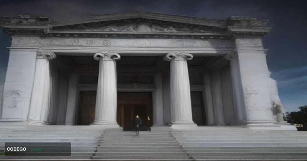 A dramatic low-angle wide shot of a monumental neoclassical federal courthouse exterior at dusk in Washington D.C., with poli