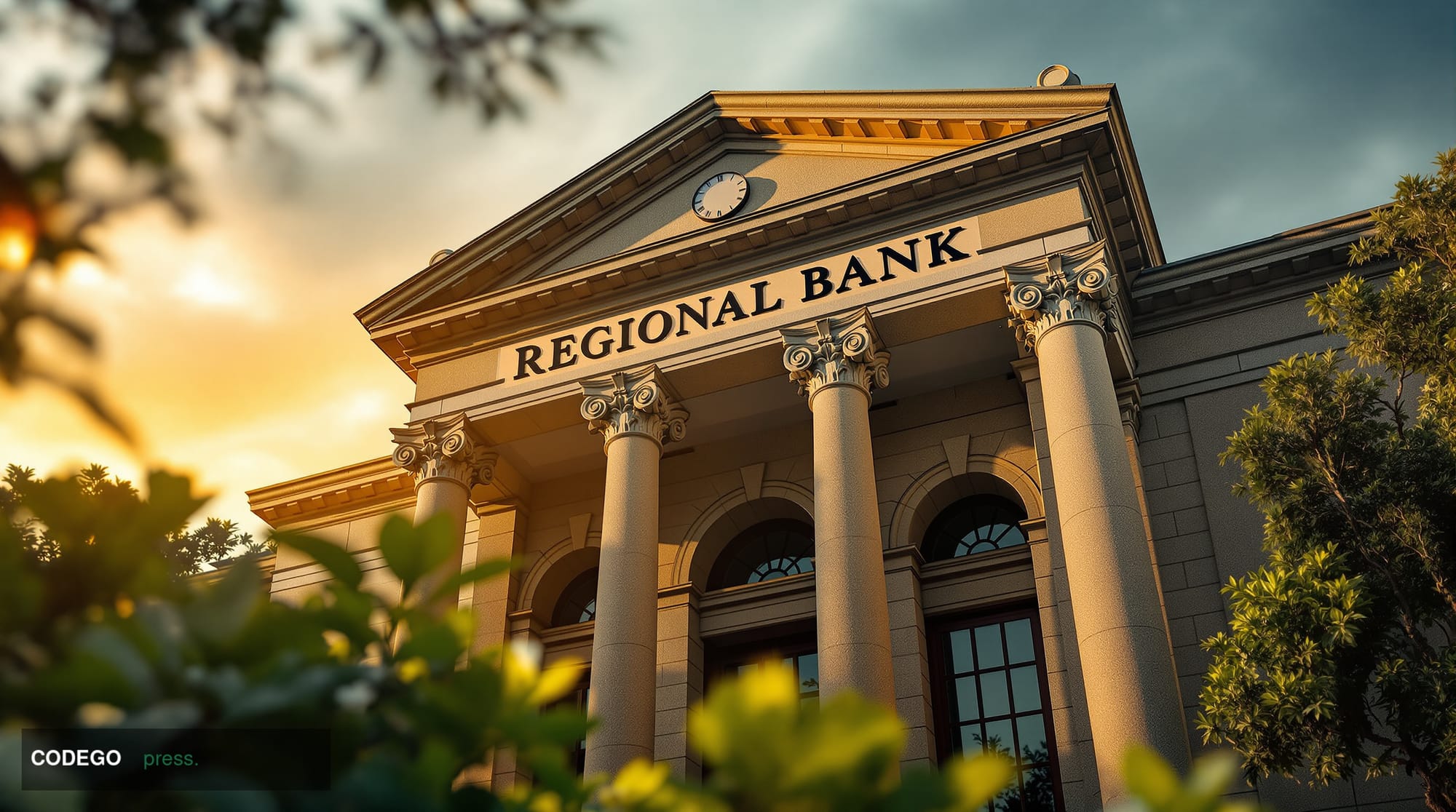 A cinematic editorial photograph of a neoclassical regional bank building in Alabama, photographed at low angle looking upwar