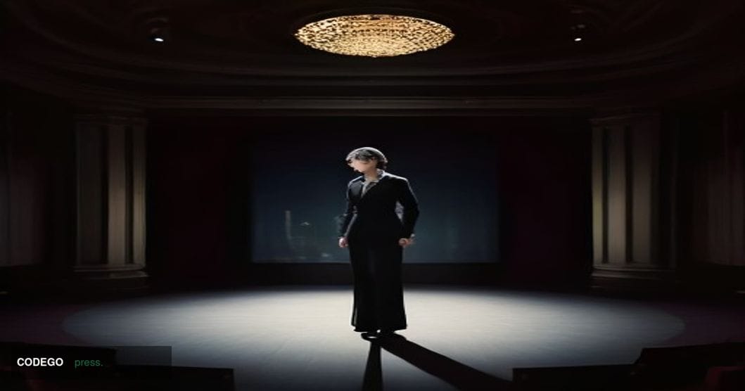 A cinematic editorial photograph set inside a grand London financial conference hall, with floor-to-ceiling windows overlooki