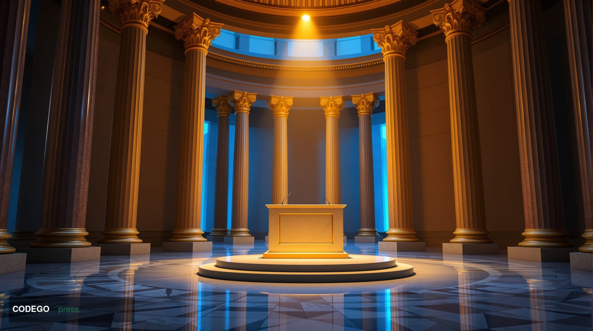 A cinematic editorial photograph set inside a grand Federal Reserve-style neoclassical institution in Washington DC, with tow