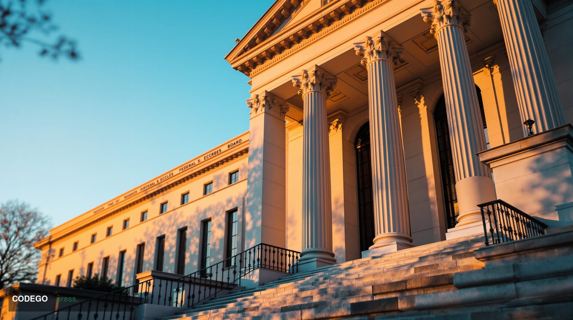 A photorealistic editorial photograph of the neoclassical exterior of the Marriner S. Eccles Federal Reserve Board building i