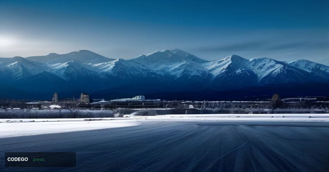 A cinematic editorial photograph set in Anchorage, Alaska, capturing the dramatic contrast between a modern glass-and-steel c