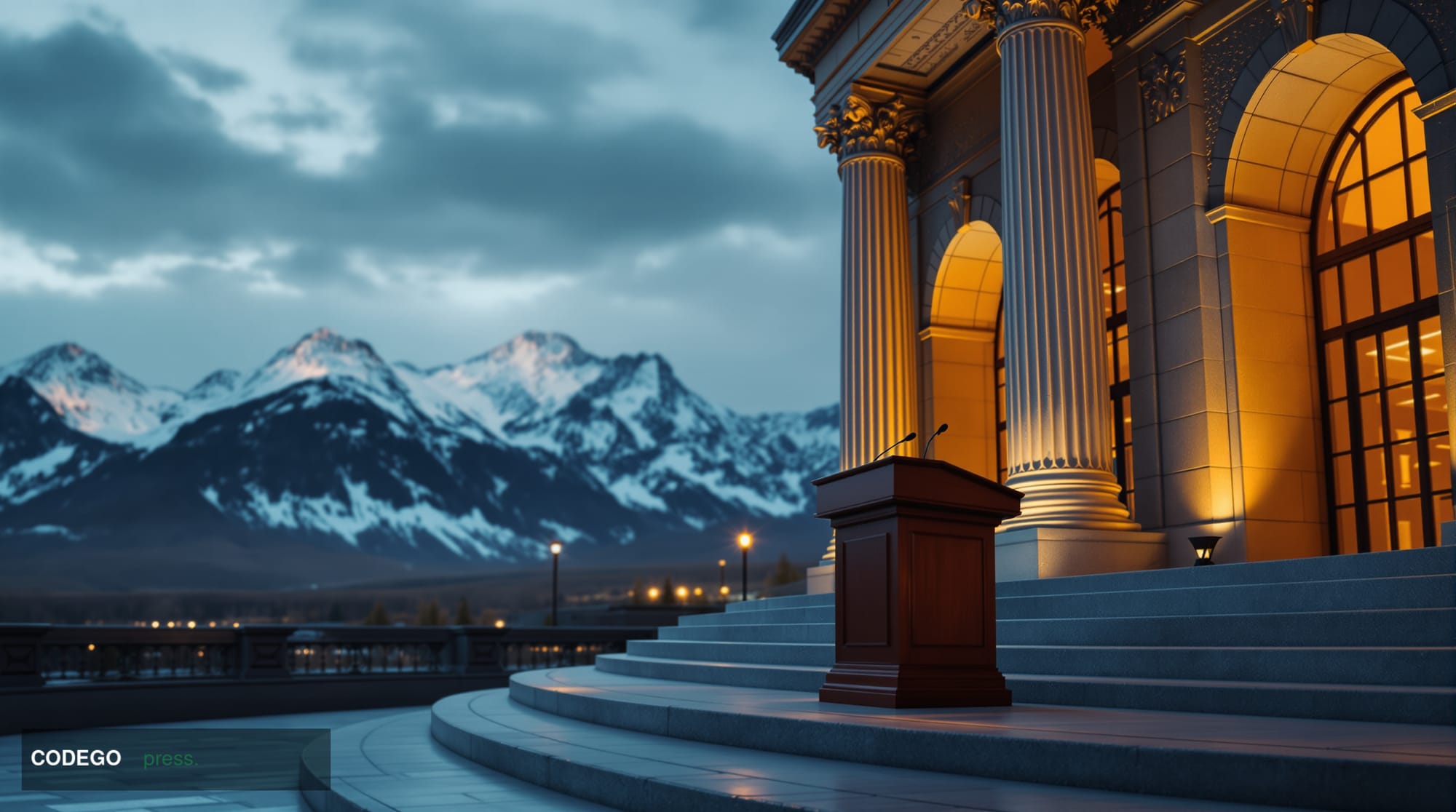 A cinematic editorial photograph taken from a low angle looking up at a grand federal institutional building facade rendered 