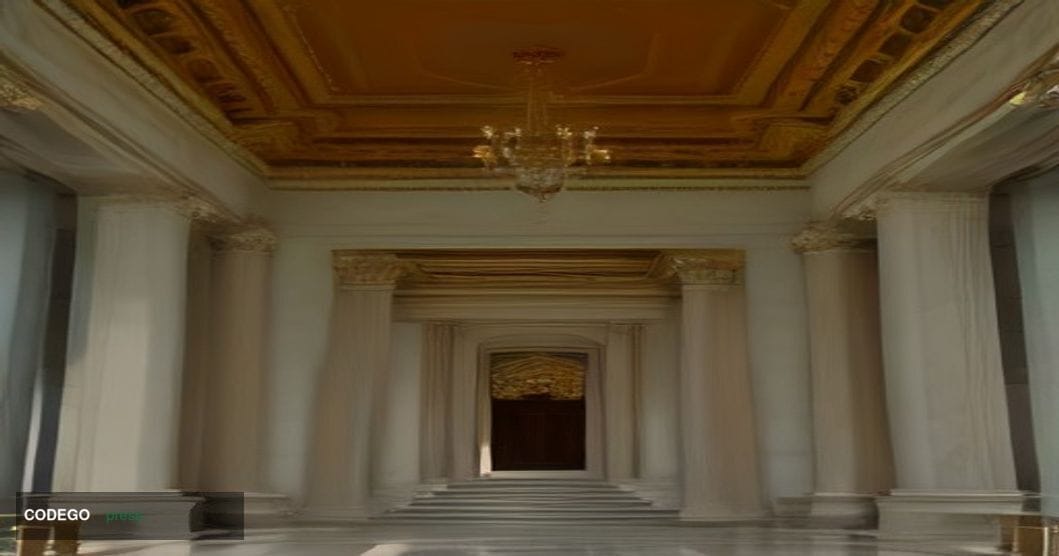 A cinematic editorial photograph set inside a grand neoclassical Federal Reserve Bank of New York building interior, with tow