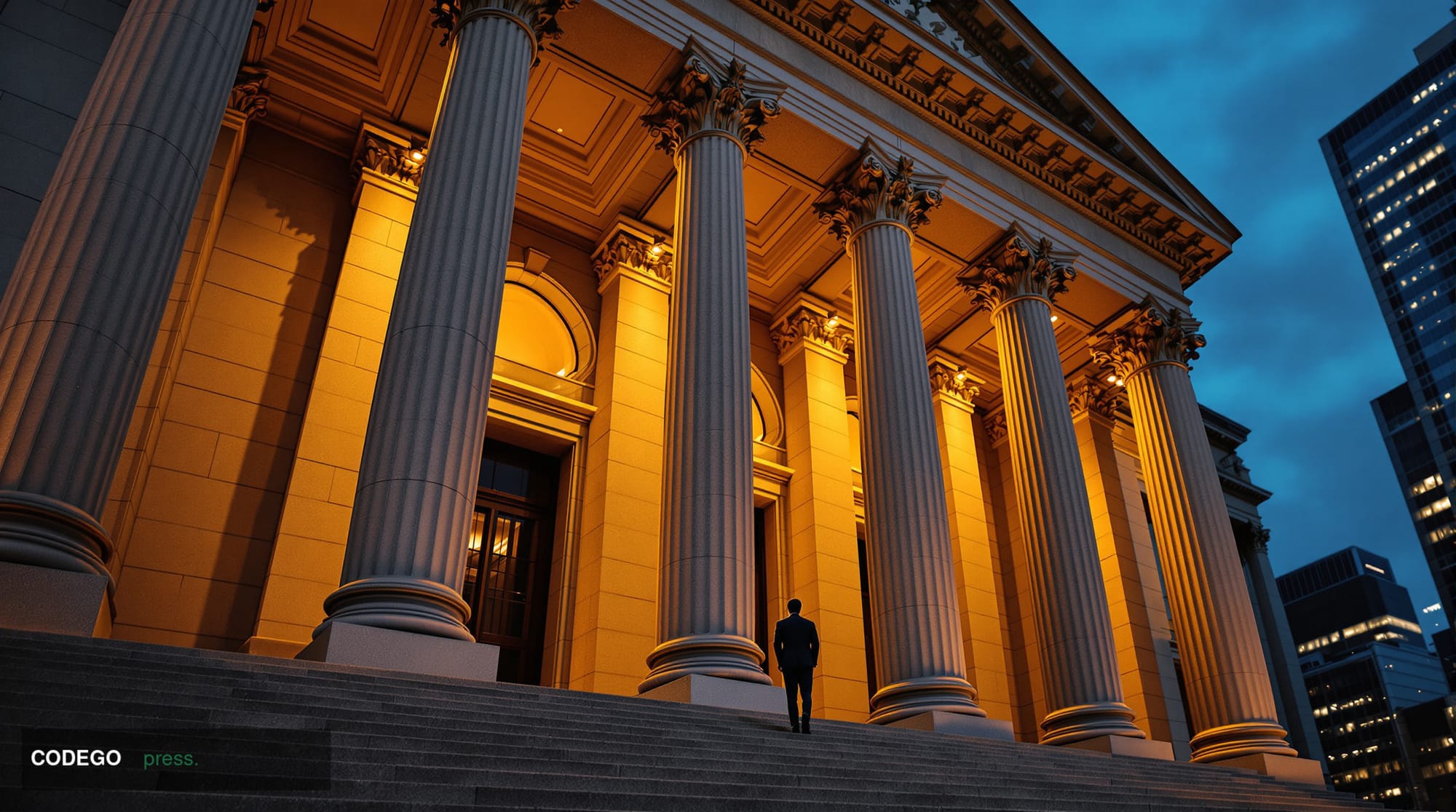 A photorealistic editorial photograph of the imposing neoclassical granite facade of a large central bank building at dusk, s