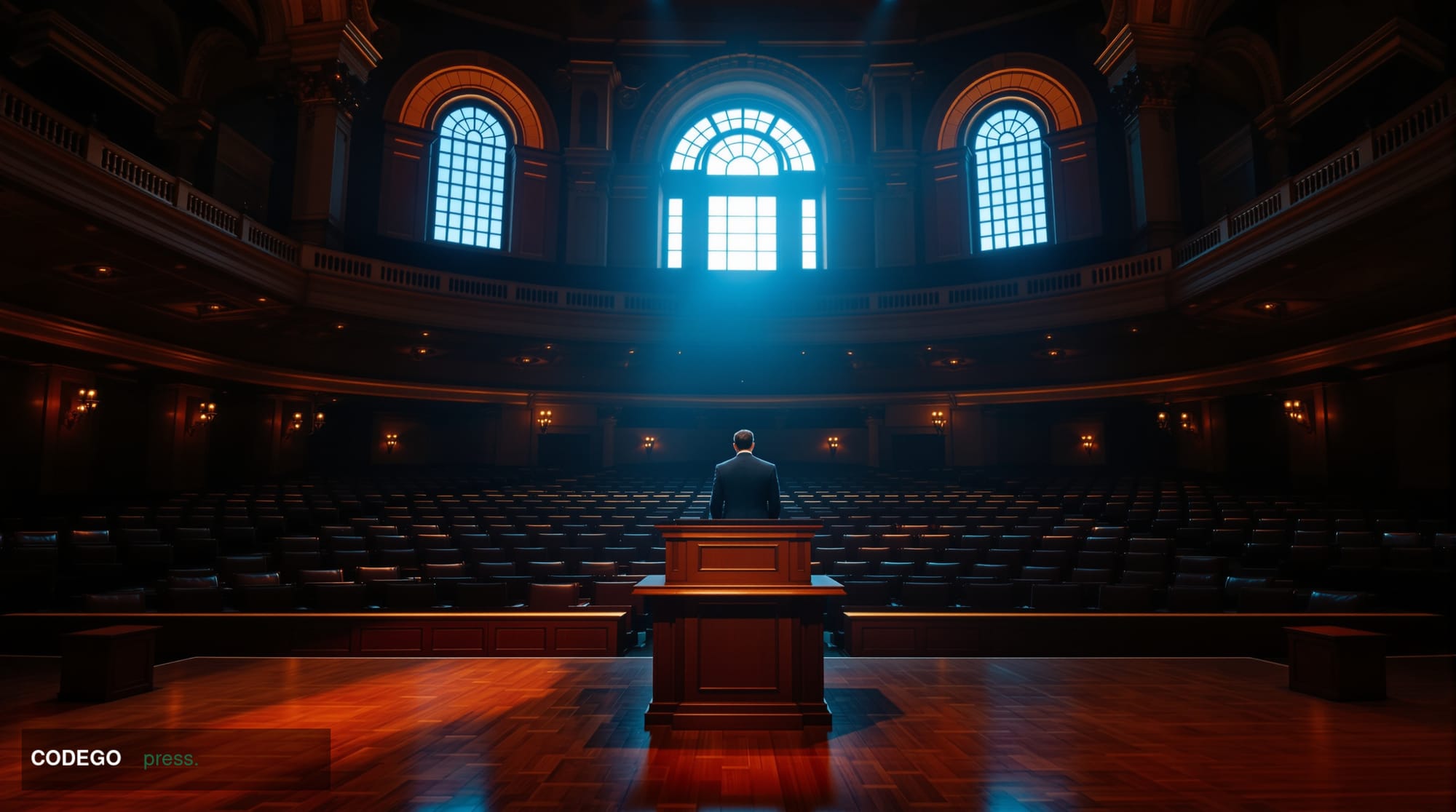 A cinematic editorial photograph of a grand neoclassical academic auditorium interior at Stanford University, rendered in pho