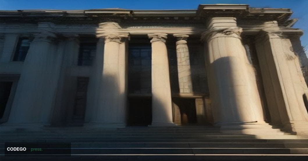 A striking low-angle exterior shot of a modernist federal courthouse building at late afternoon, dramatic raking golden light