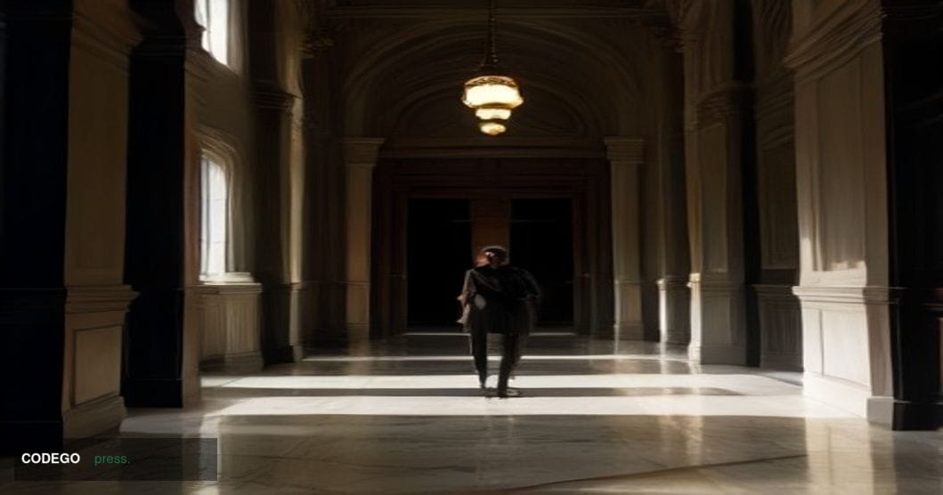 A cinematic editorial courtroom-adjacent scene photographed from a low-angle perspective, showing heavy bronze courthouse doo