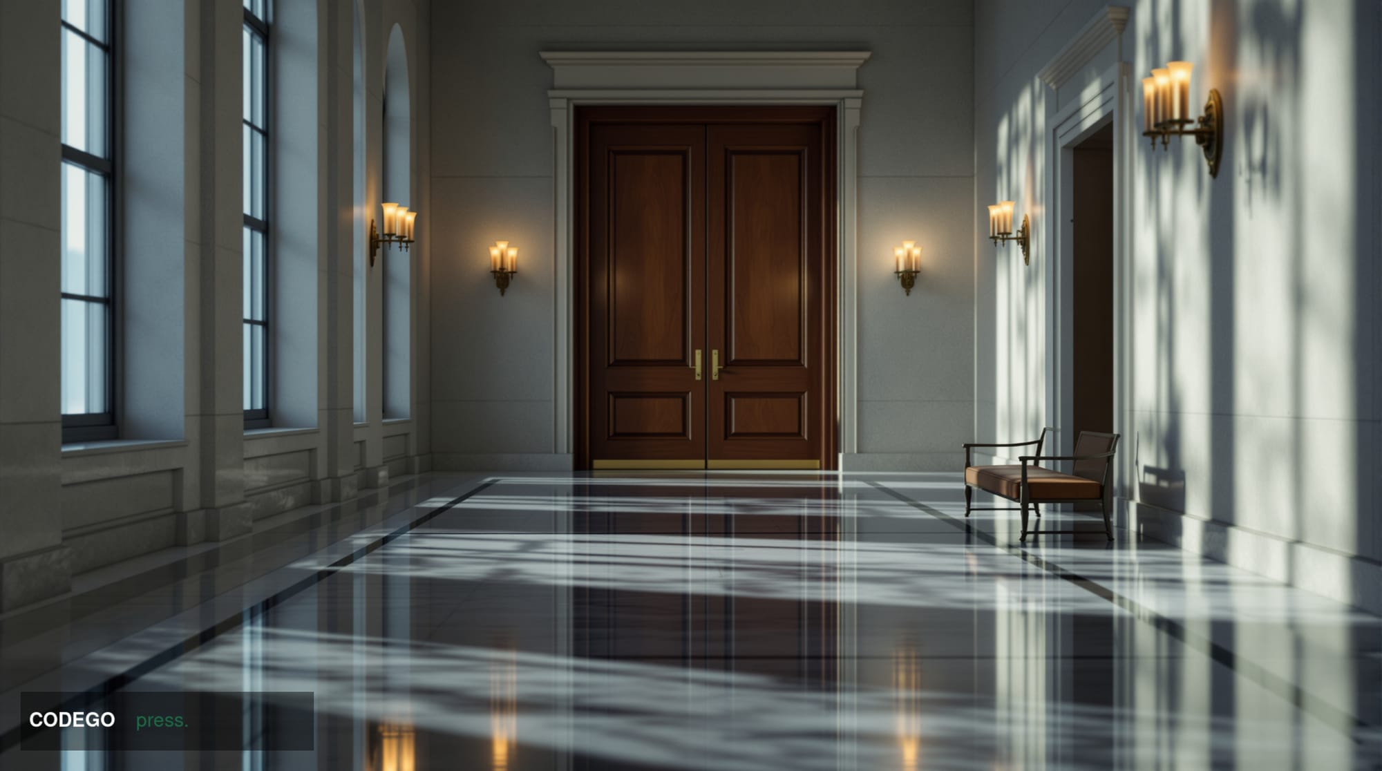 A stark, cinematic interior corridor of a federal courthouse, shot from a low angle looking toward heavy wooden double doors 