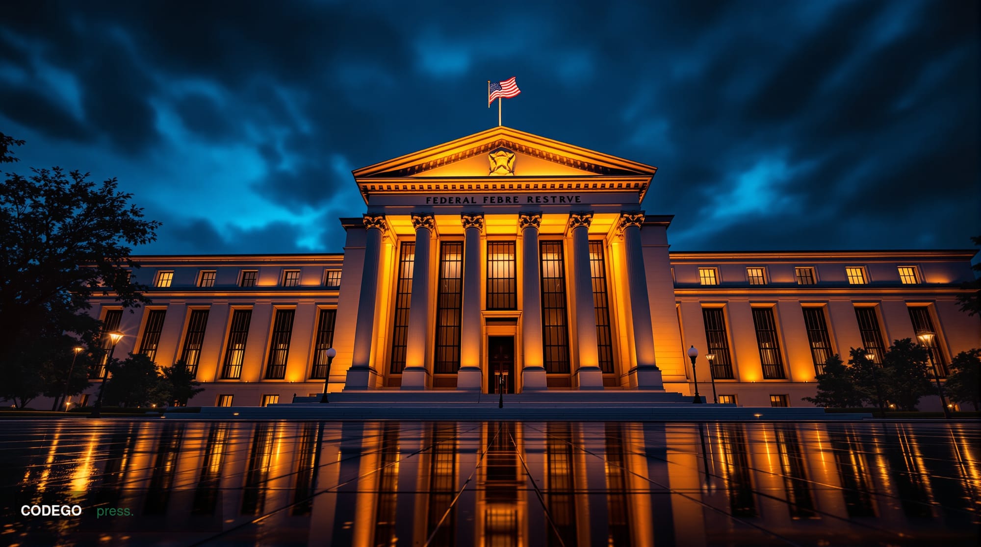 A cinematic editorial photograph of the Federal Reserve's neoclassical Washington D.C. headquarters building exterior at dusk