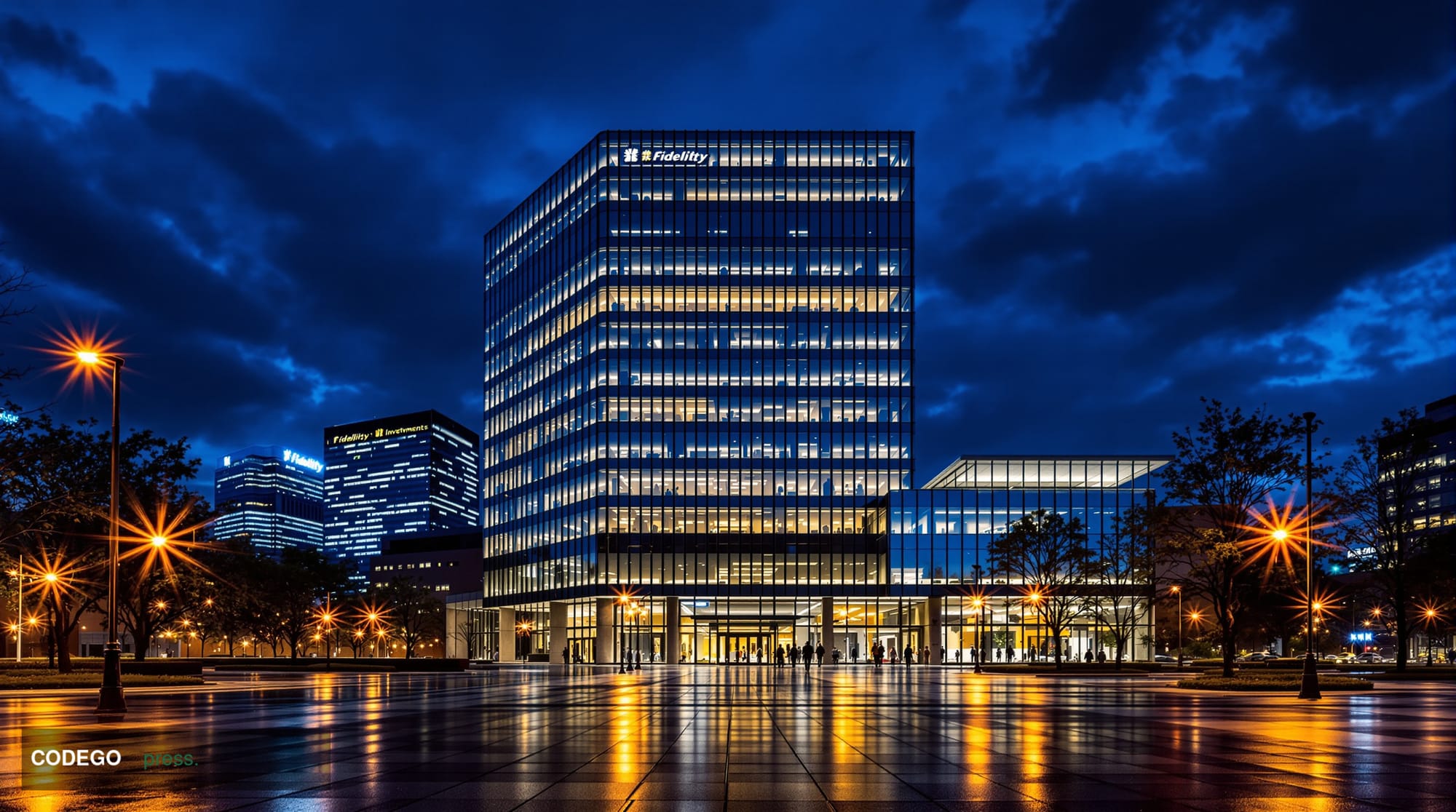 A dramatic cinematic wide-angle shot of the Fidelity Investments headquarters building in Boston, Massachusetts, captured at 