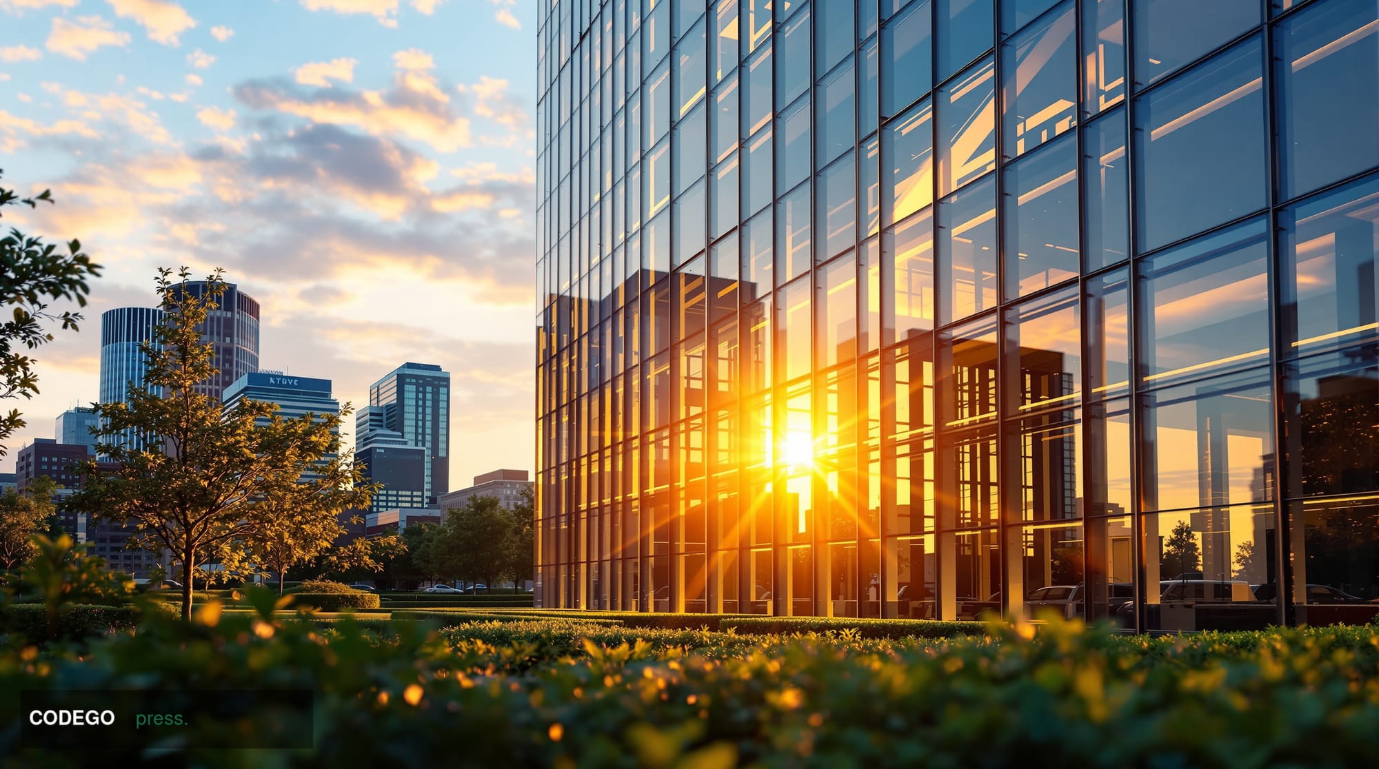 A sweeping cinematic exterior shot of a large institutional financial campus in Boston at golden hour, glass-and-steel archit
