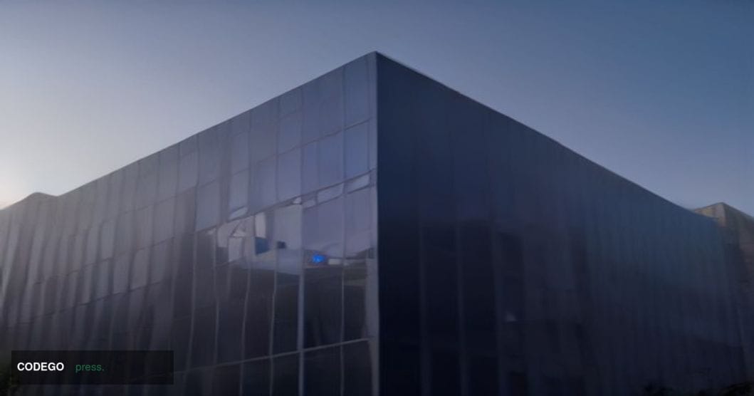 A dramatic cinematic editorial photograph taken from a low angle looking up at a modern glass-and-steel financial technology 