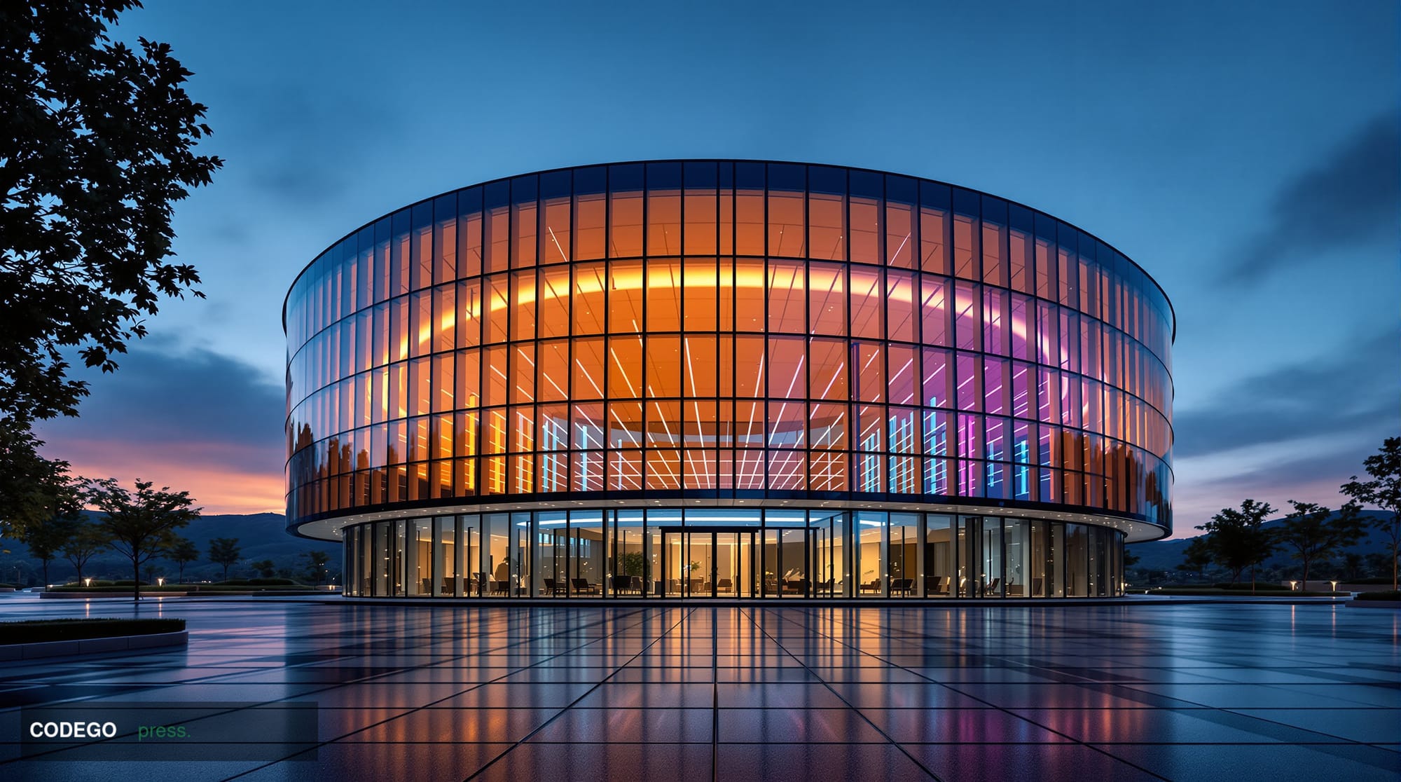A dramatic wide-angle cinematic shot of a sleek modern financial technology campus exterior at dusk, shot from a low vantage 