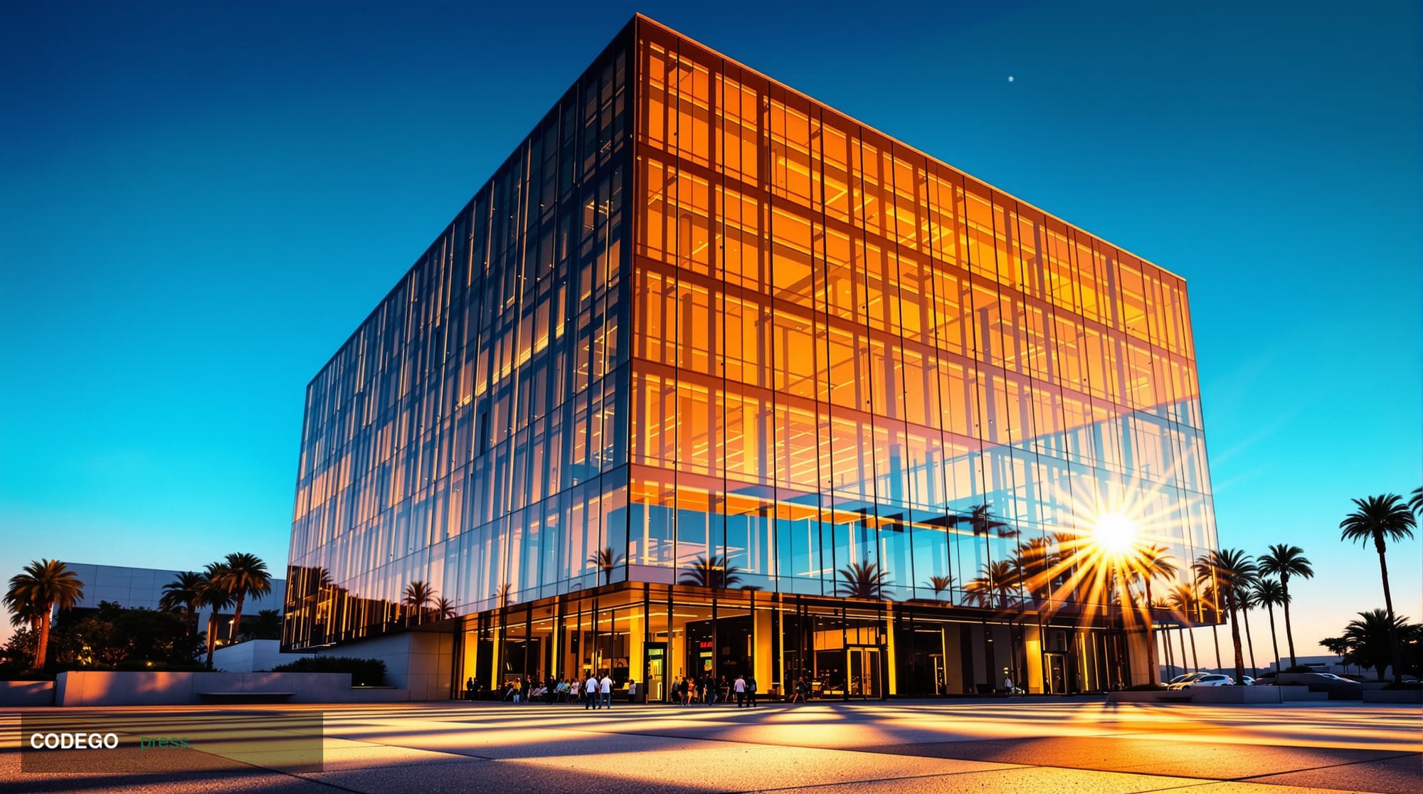 A cinematic editorial photograph shot from a low angle looking up at a sleek modern financial technology corporate campus in 