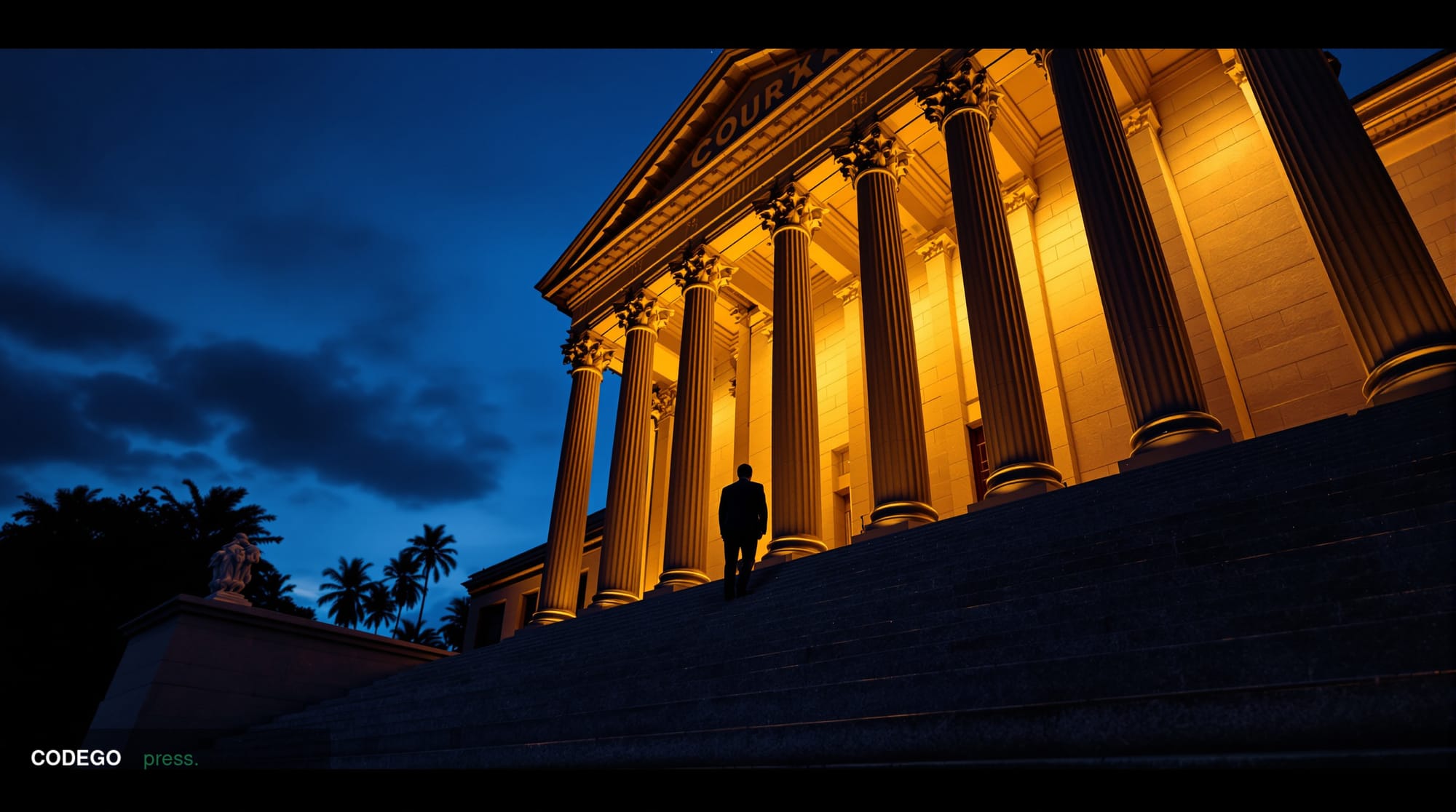 A cinematic editorial photograph taken from a low angle at dusk outside a US federal courthouse in a major American city, its