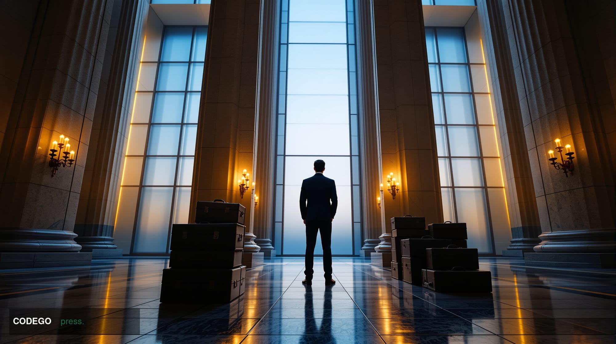 A dramatic cinematic editorial photograph set inside a monumental federal financial regulatory building interior — marble col