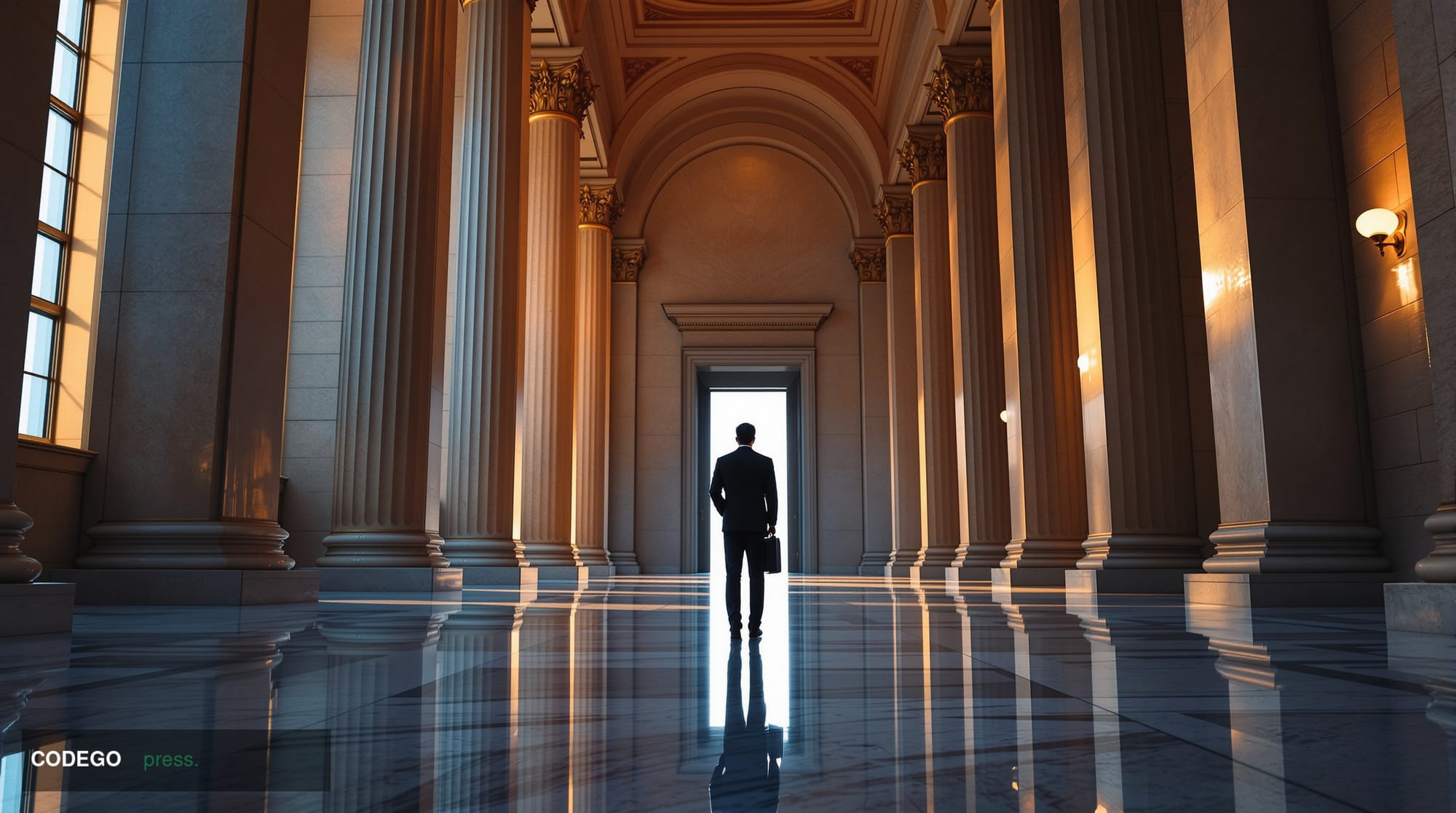A dramatic cinematic editorial photograph set inside a grand American federal banking institution corridor, shot from a low a