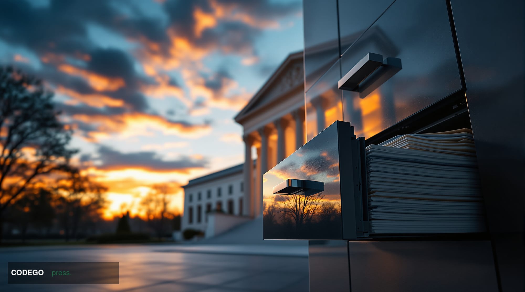 A grand neoclassical U.S. Treasury Department building in Washington D.C. photographed at dusk from a low angle, the imposing