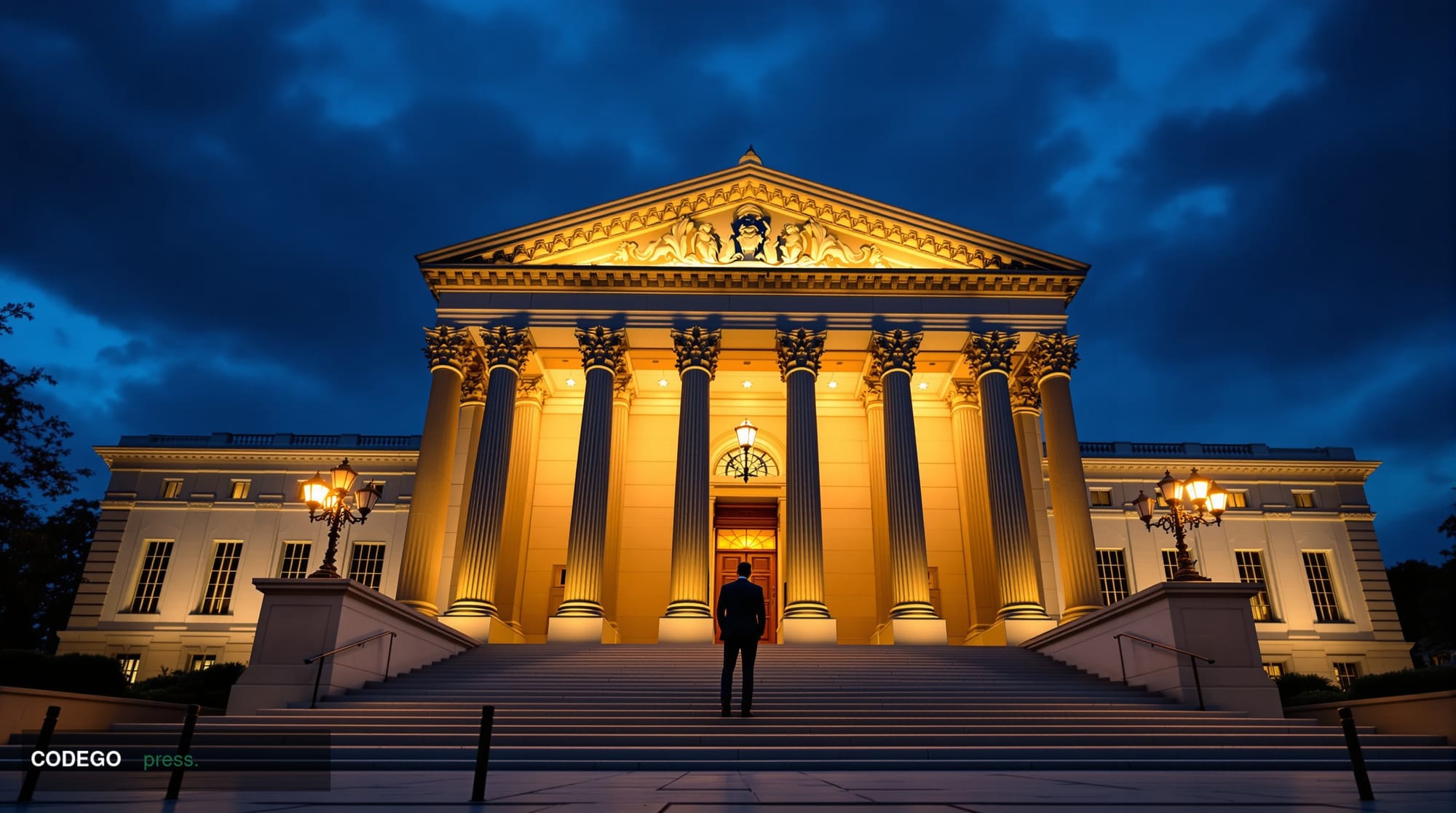 A dramatic wide-angle shot of the United States Department of the Treasury building in Washington D.C. captured at dusk, the 