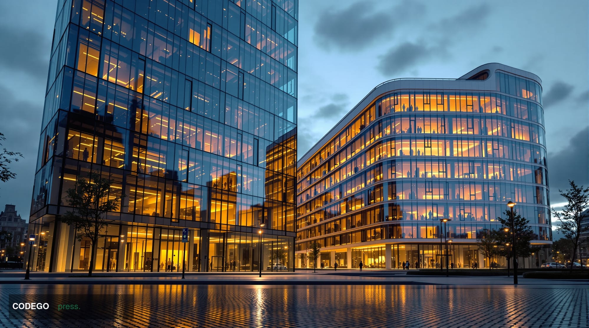 A dramatic cinematic editorial photograph taken at street level looking up at a monolithic glass-and-steel bank headquarters 