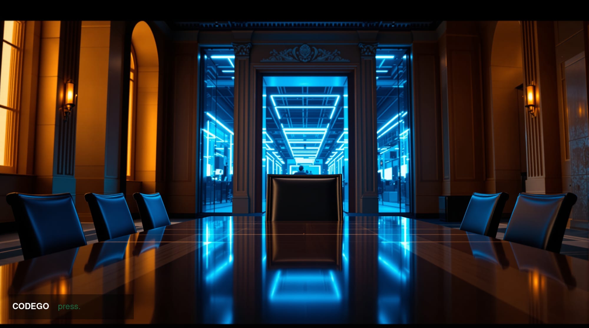 A cinematic editorial photograph set inside a grand, high-ceilinged federal-style government building corridor transitioning 