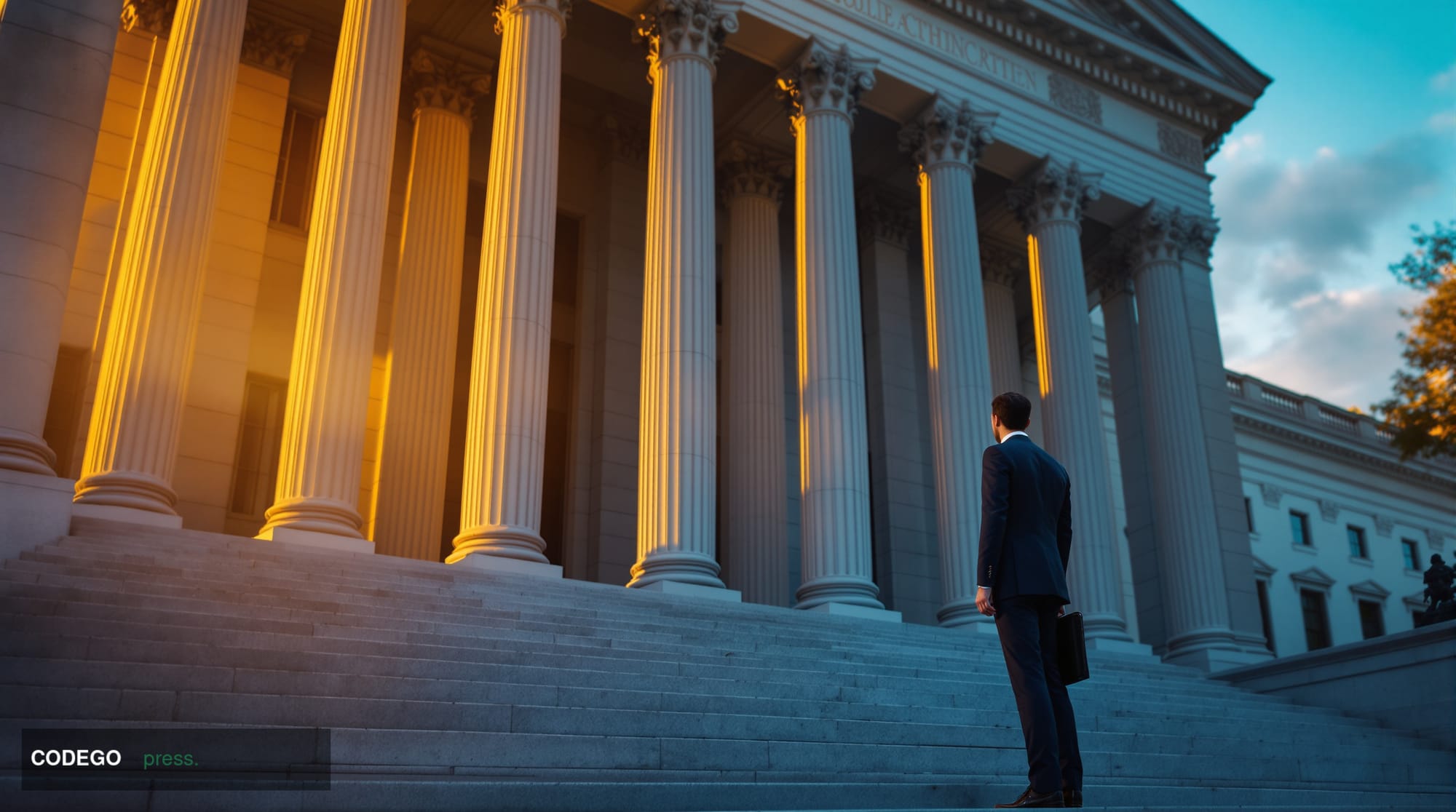 A cinematic editorial photograph of a grand neoclassical government building in Washington D.C. — its marble columns and ston