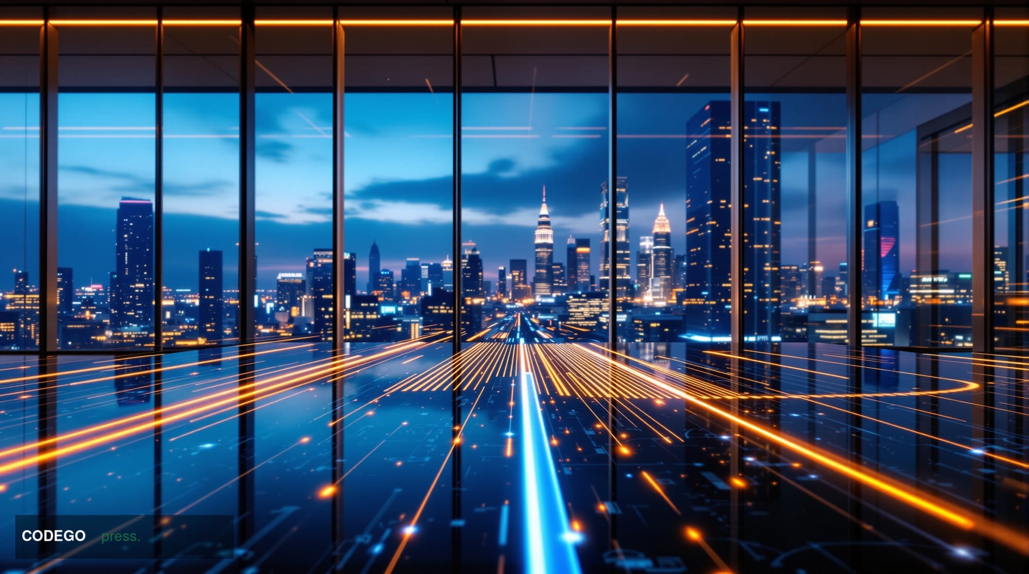 A cinematic editorial photograph set inside a sleek, modern financial technology operations hub, shot from a low-angle perspe