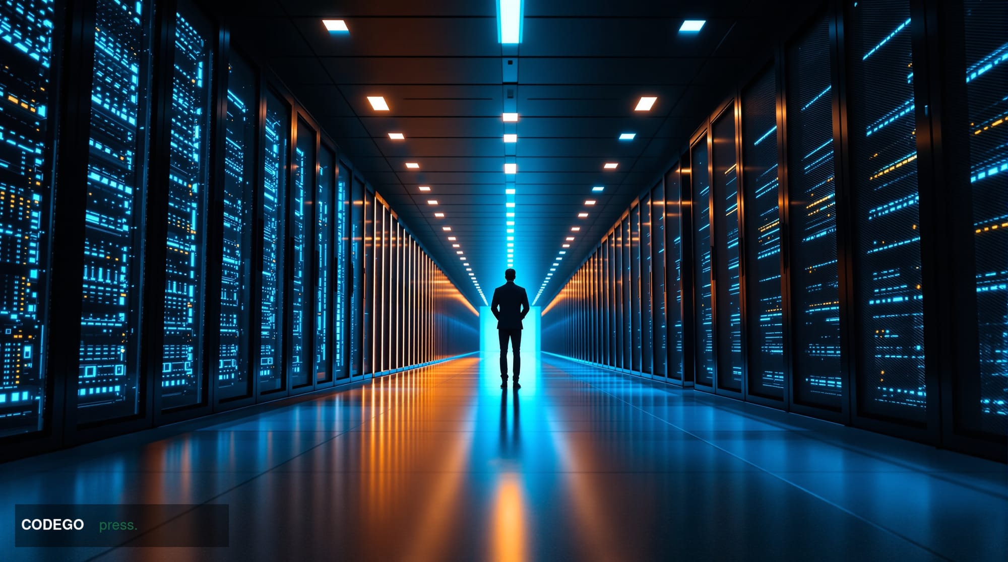 A dramatic cinematic editorial photograph set inside a vast, modern bank data center corridor, shot from a low angle looking 