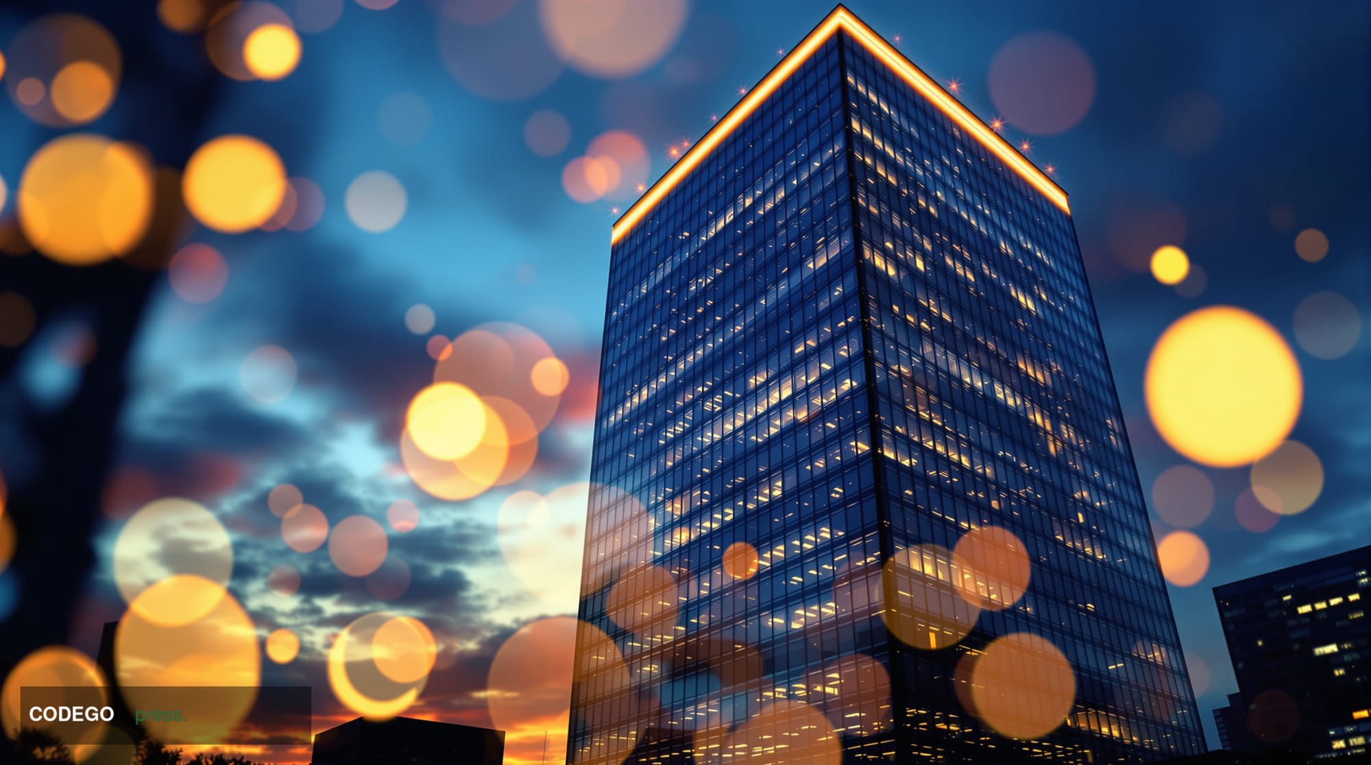 A dramatic cinematic editorial photograph of a large American regional bank's glass-and-steel headquarters building at dusk, 