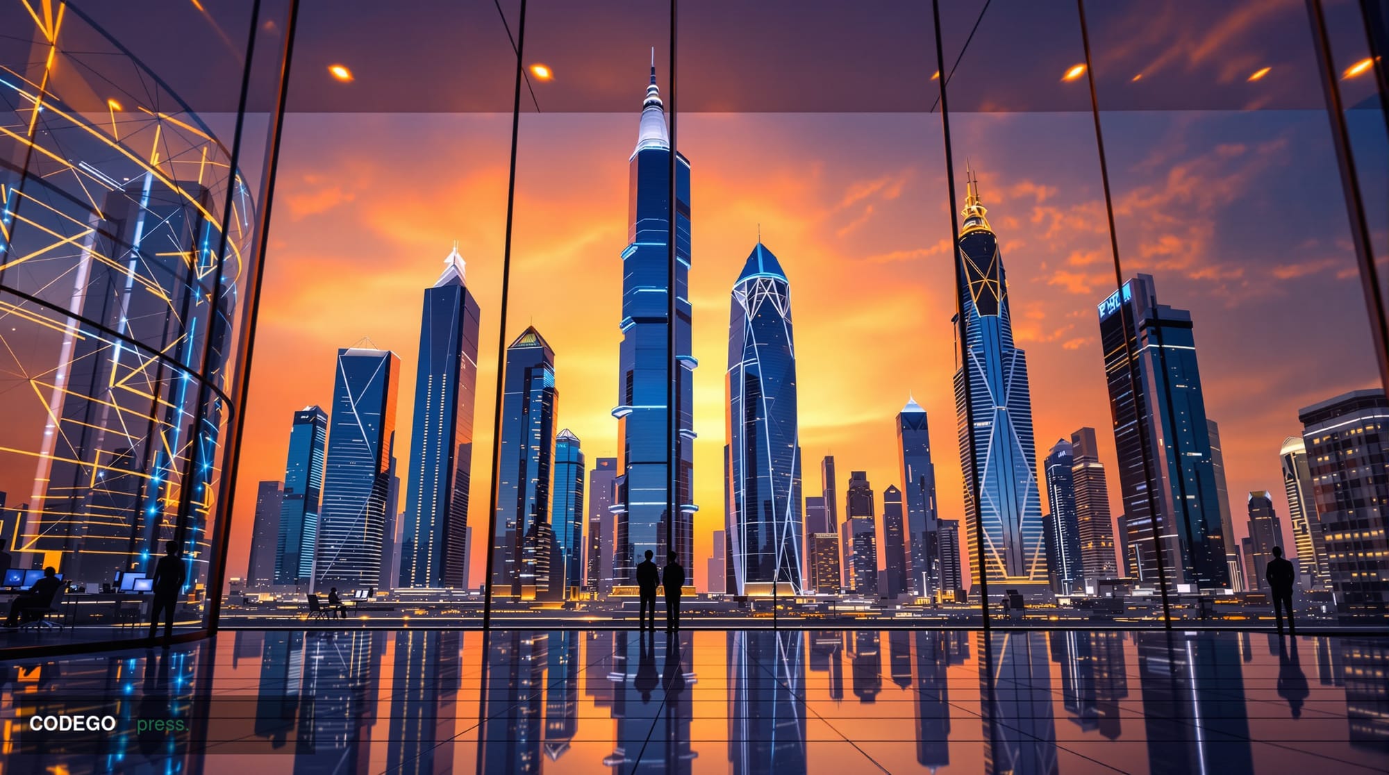 A cinematic editorial photograph of the Dubai International Financial Centre skyline at dusk, captured from a low-angle persp