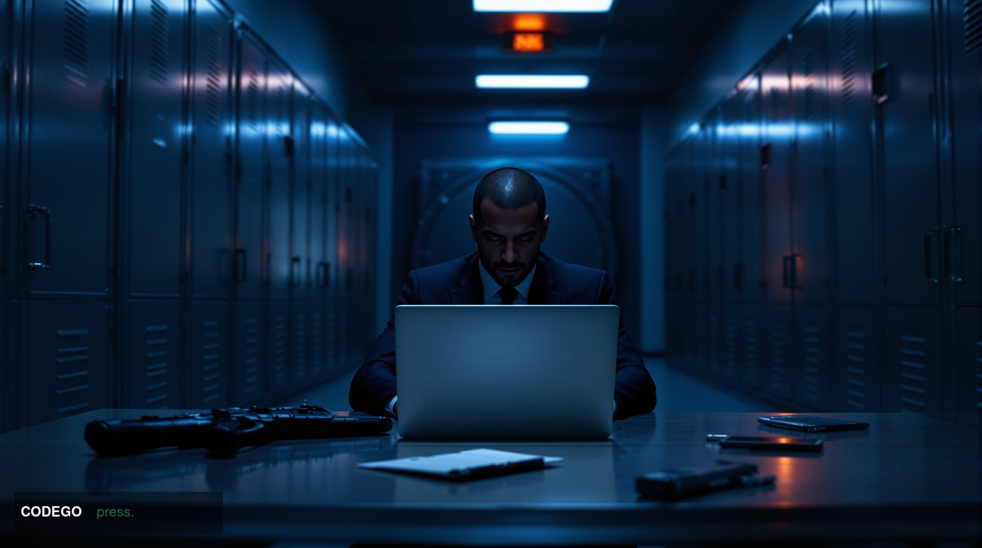 A dramatic cinematic editorial photograph set inside a darkened federal law enforcement office corridor, with rows of locked 