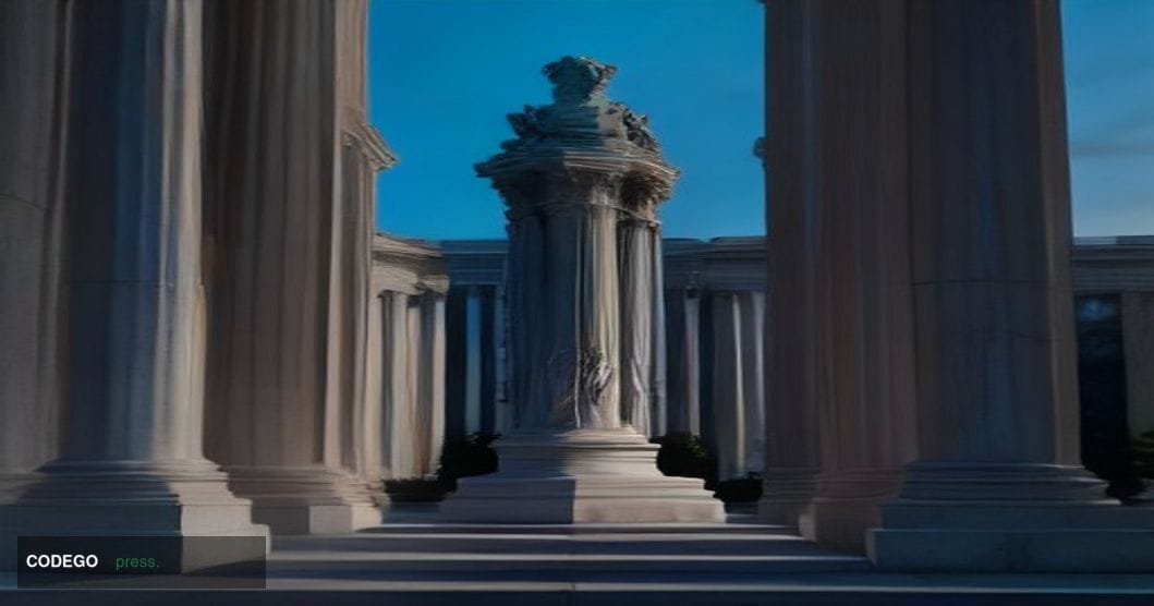 A dramatic wide-angle photorealistic editorial photograph taken at the base of a towering Washington D.C. federal government 