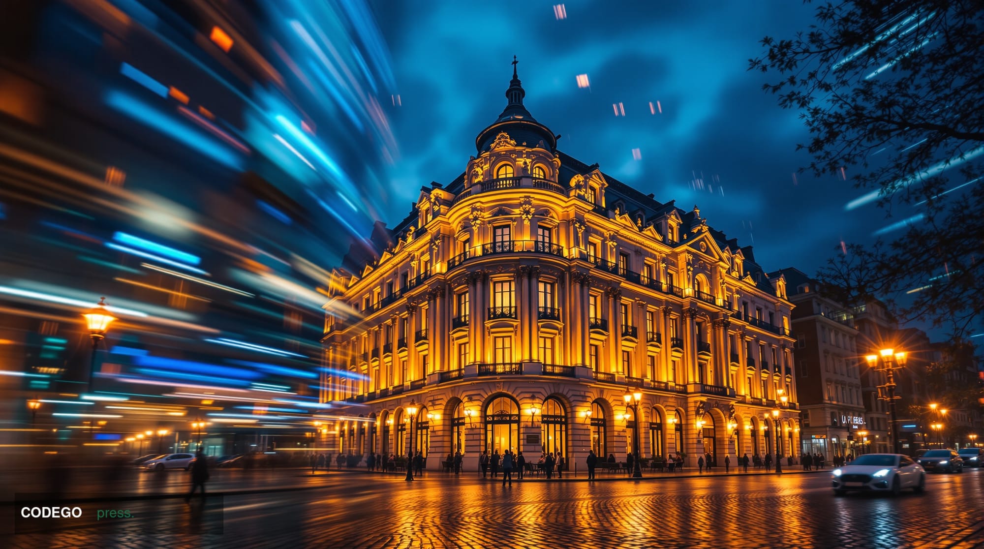 A sweeping exterior view of a grand Haussmann-style Parisian government ministry building at dusk, shot from a low angle with