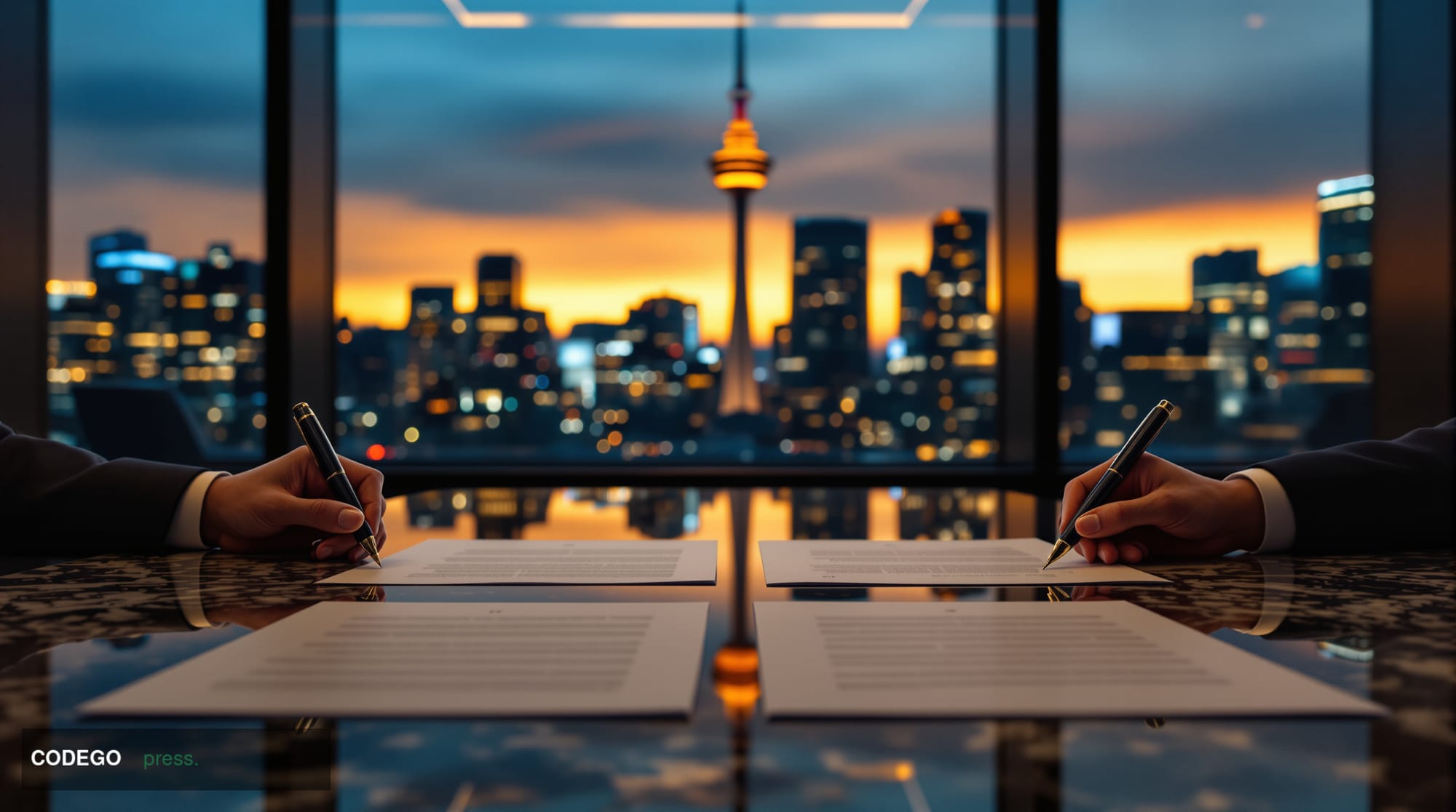 A cinematic editorial photograph capturing the essence of a landmark Canadian financial transaction. The foreground features 