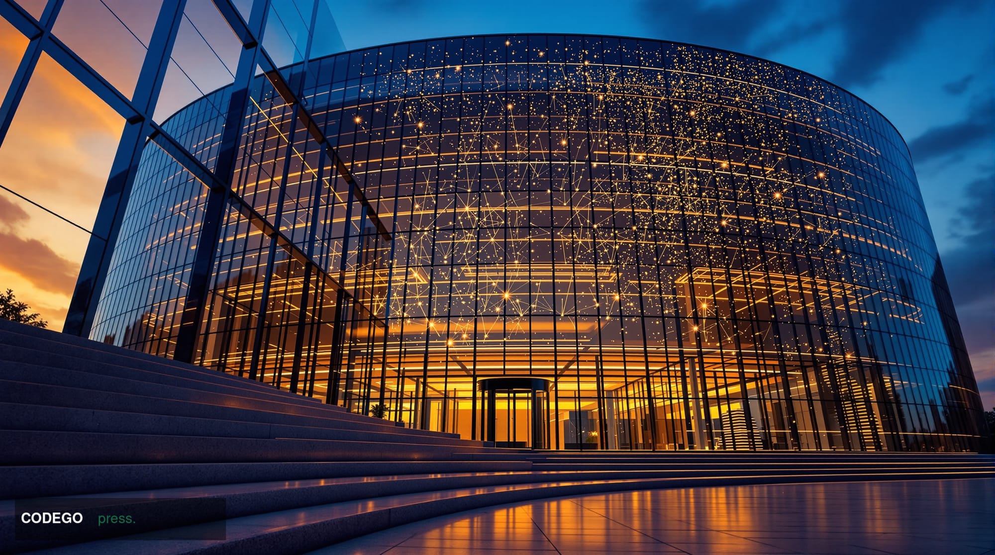 A dramatic cinematic editorial photograph of a grand, glass-and-steel institutional asset management headquarters at dusk, sh