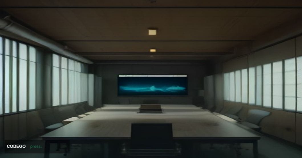 A cinematic editorial photograph set inside a sleek, high-ceilinged enterprise operations center, featuring large curved disp